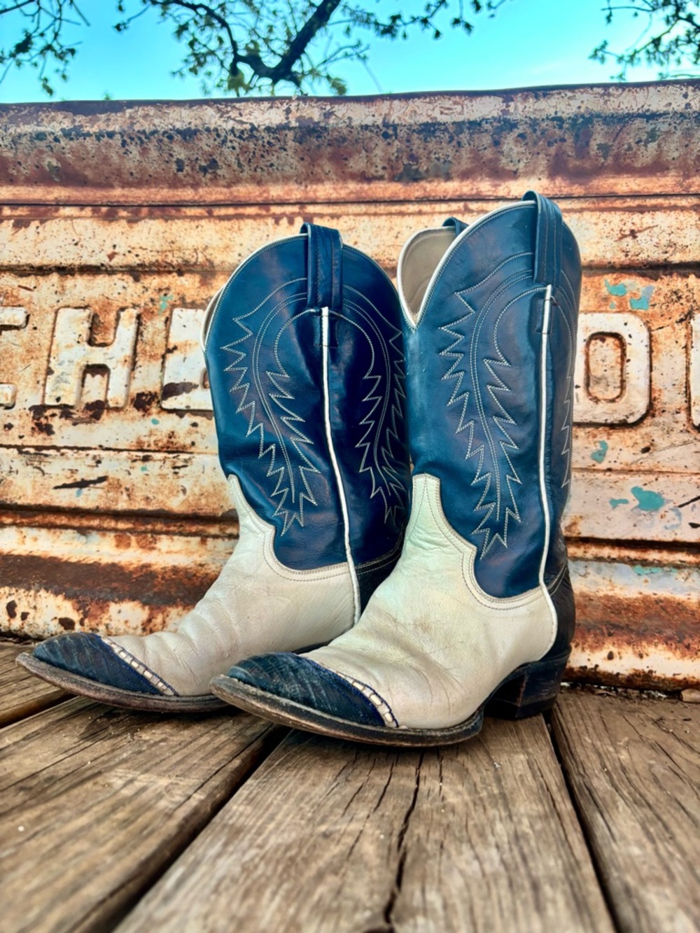 Two-Tone Blue and Cream Women's Heeled Western Boots